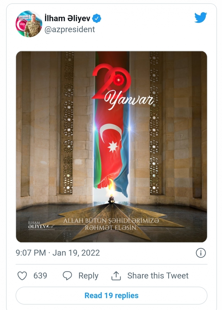 Prezident 20 Yanvar faciəsinin ildönümü ilə bağlı paylaşım edib