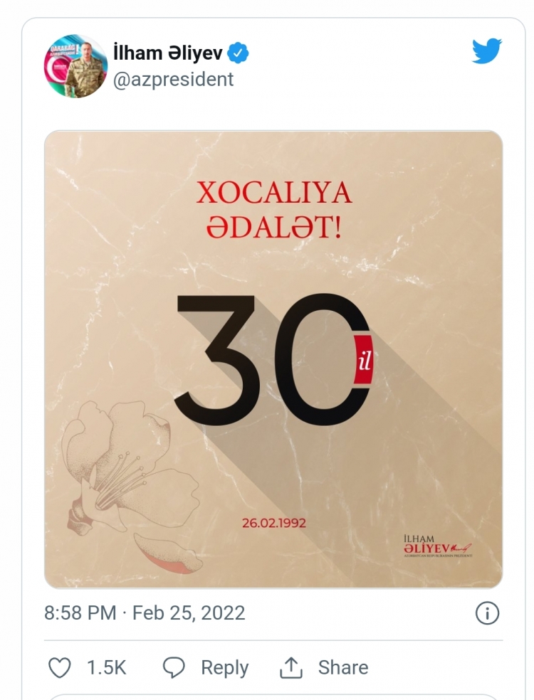 İlham Əliyev Xocalı faciəsinin 30-cu ildönümü ilə bağlı paylaşım edib