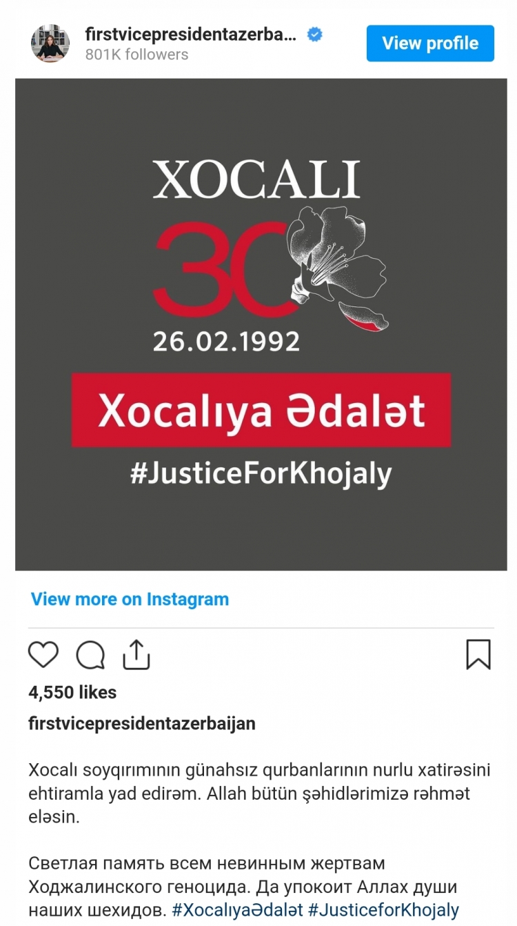 Mehriban Əliyeva Xocalı soyqırımının ildönümü ilə əlaqədar paylaşım edib