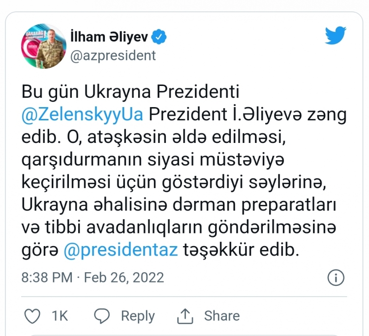 Zelenski İlham Əliyevə təşəkkür edib