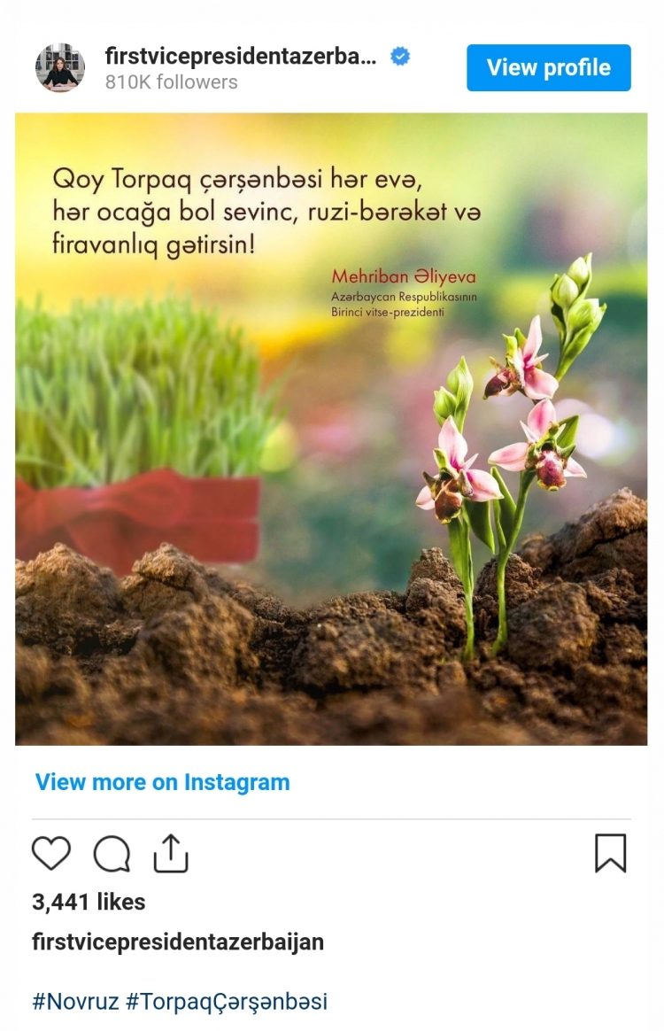 Mehriban Əliyeva Torpaq çərşənbəsi münasibətilə paylaşım edib -