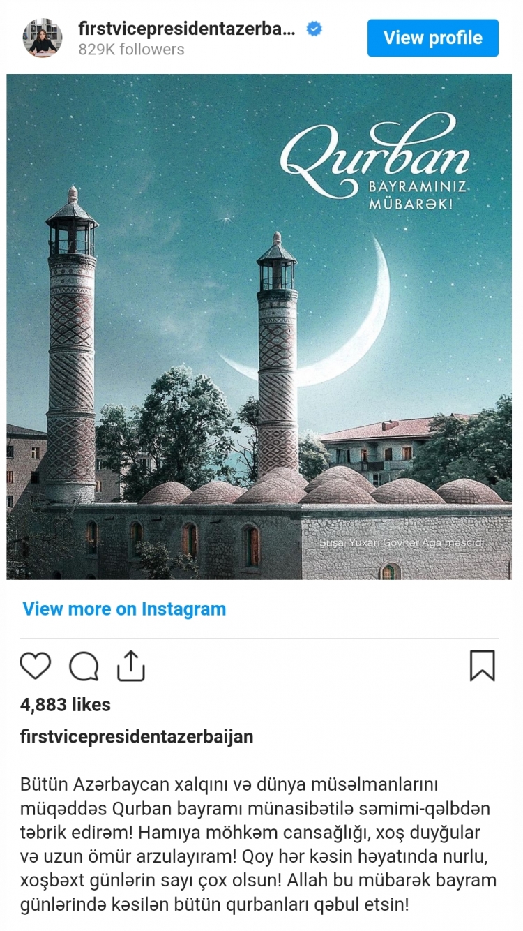 Mehriban Əliyeva Azərbaycan xalqını təbrik edib