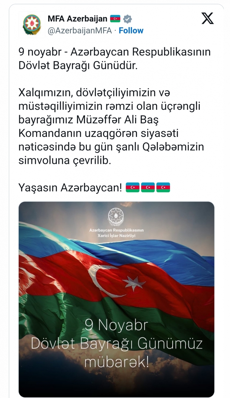 XİN: "Üçrəngli bayrağımız bu gün şanlı Qələbəmizin simvoluna çevrilib"