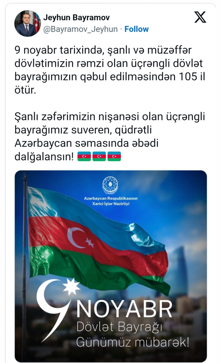XİN: "Üçrəngli bayrağımız bu gün şanlı Qələbəmizin simvoluna çevrilib"