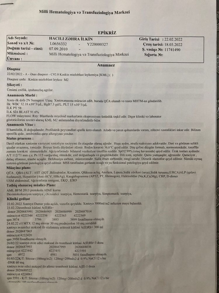 Xərçəngdən əziyyət çəkən 13 yaşlı Zəhra imkanlı şəxslərdən kömək istəyir -