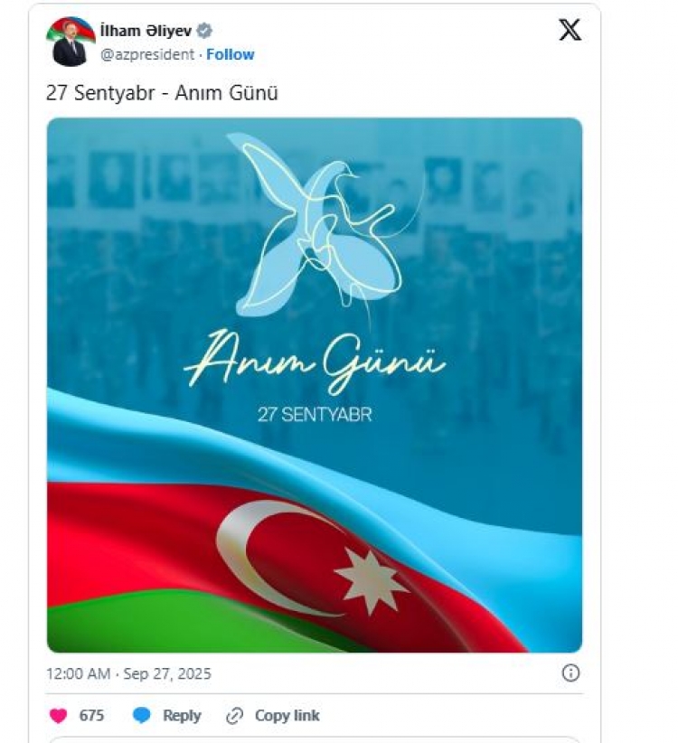 Prezident Anım Günü ilə bağlı paylaşım edib