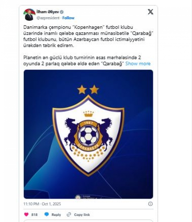 Prezident “Qarabağ”ın qələbəsi ilə bağlı paylaşım edib -